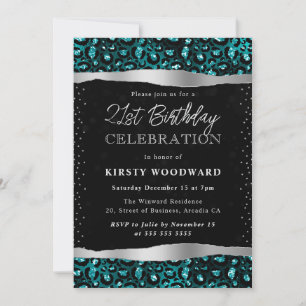 Invitación Mancha de leopardo con brillo teal y negro Cumplea