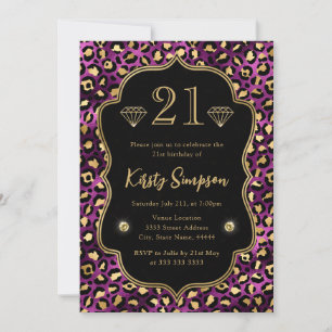 Invitación Mancha de leopardo púrpura y dorada Cumpleaños 21