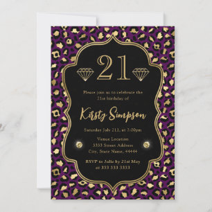 Invitación Mancha de leopardo púrpura y dorado Cumpleaños 21