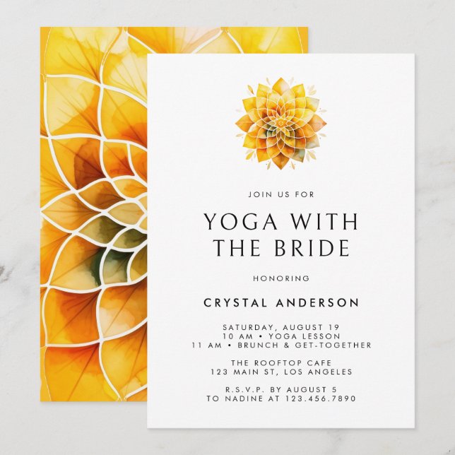 Invitación Mandala amarillo color agua yoga con novia (Anverso / Reverso)