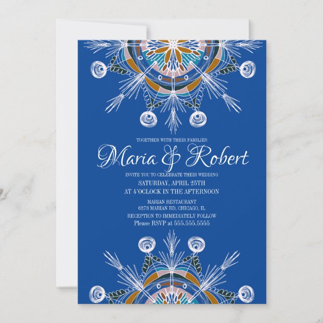 Invitación Mandalá Bohemio Colorido Boda Azul Boho (Anverso)