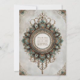 Invitación Mandalá Bohemio de Boda Elegante Pavo Real Verde A