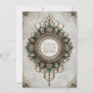 Invitación Mandalá Bohemio de Boda Elegante Pavo Real Verde A