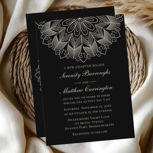 Invitación Mandala Boho Boda negro elegante indio (Subido por el creador)