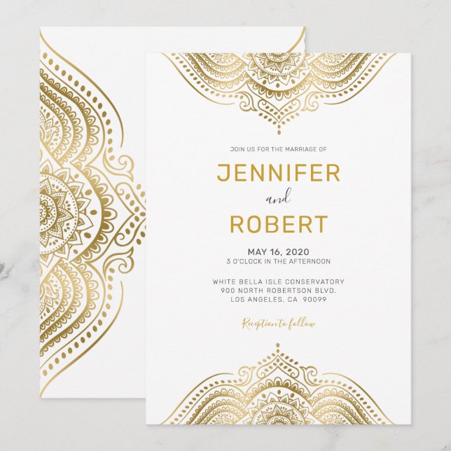 Invitación Mándala de encaje de paisley dorado (Anverso / Reverso)