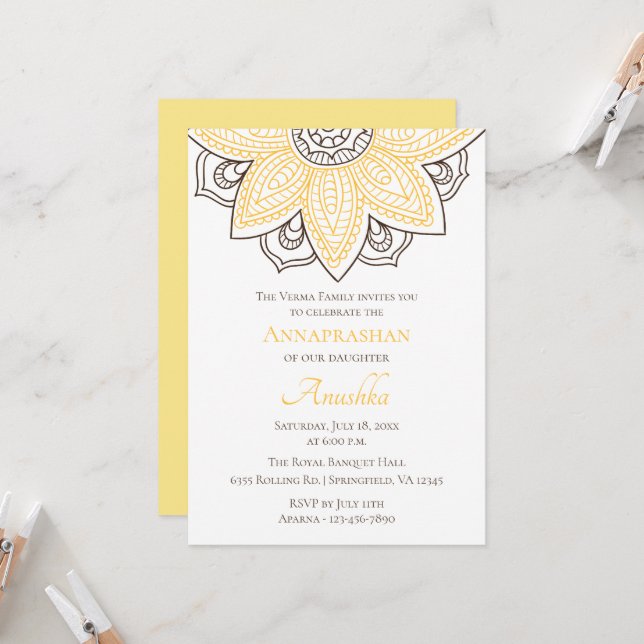 Invitación Mandala de girasol amarillo | Annaprashan (Anverso/Reverso In Situ)
