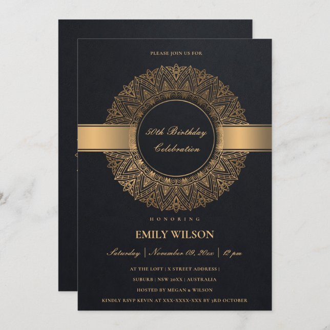 INVITACIÓN MANDALA DE ORO DE FAUX NEGRO CUALQUIER AÑO 50 CUMP (Anverso / Reverso)