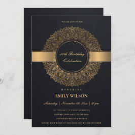 INVITACIÓN MANDALA DE ORO DE FAUX NEGRO CUALQUIER AÑO 50 CUMP