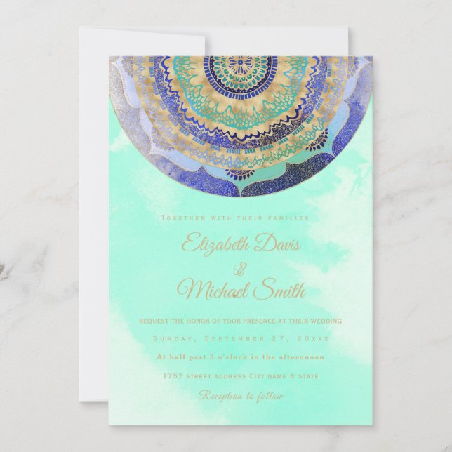 Invitación Mandala dorada azul acuarela (Anverso)