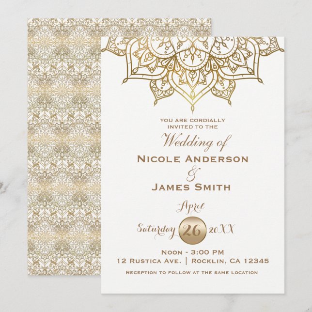 Invitación Mandala dorada Boda modernista blanco elegante (Anverso / Reverso)