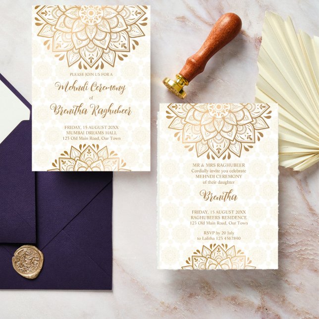Invitación Mandala dorada Mehndi Boda indio (Golden mandala Mehndi Indian Wedding Invitation editable template instant digital download)