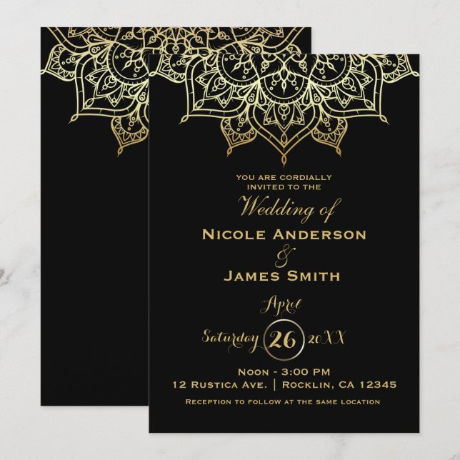 Invitación Mandala dorada Moda negra elegante moderna boda (Anverso / Reverso)