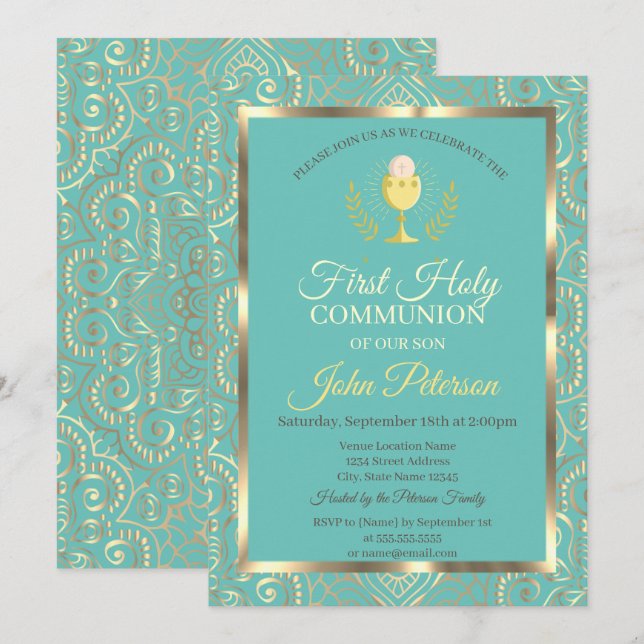 Invitación  Mandala Dorada Primera Comunión Verde Menta  (Anverso / Reverso)