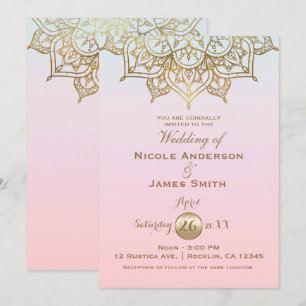 Invitación Mandalá Dorado Rosa Melocotón Moderno Elegante Bod