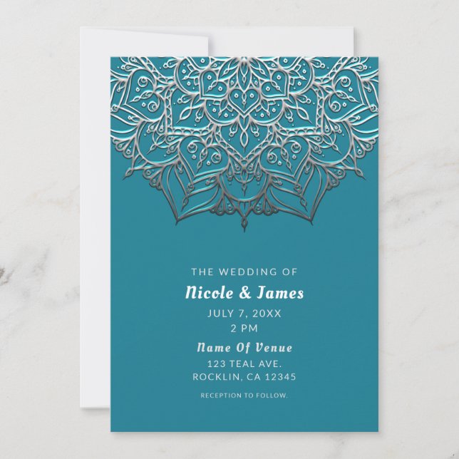 Invitación Mandalá elegante minimalista teal y plata Boda (Anverso)