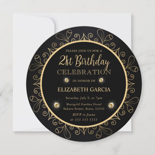 Invitación Mandala elegante negra y dorada 21º cumpleaños (Anverso)