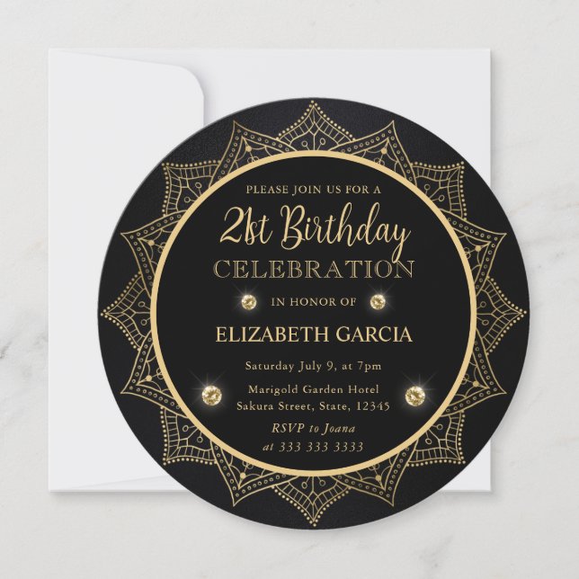 Invitación Mandala elegante negra y dorada 21º cumpleaños (Anverso)