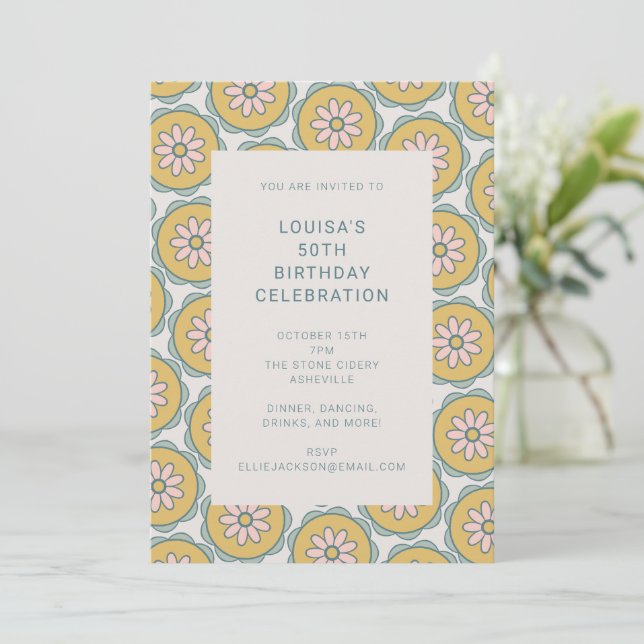 Invitación Mandala floral pastel boho retro cumpleaños 50 (Anverso de pie)