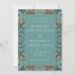 Invitación Mándala geométrico romántico suave gris azul y roj