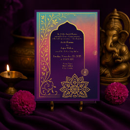 Invitación Mandala hindú de color púrpura y dorada boda de ma