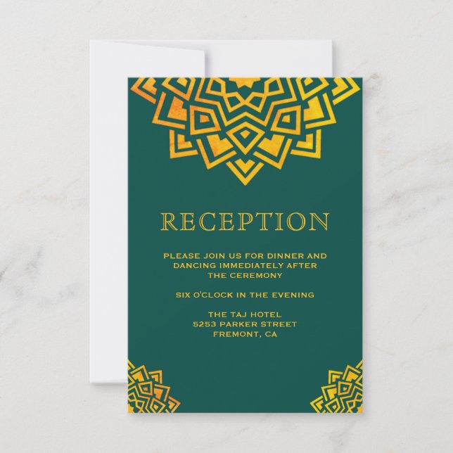 Invitación Mandalá Indio Dorado Verde Moderno Recepción (Anverso)
