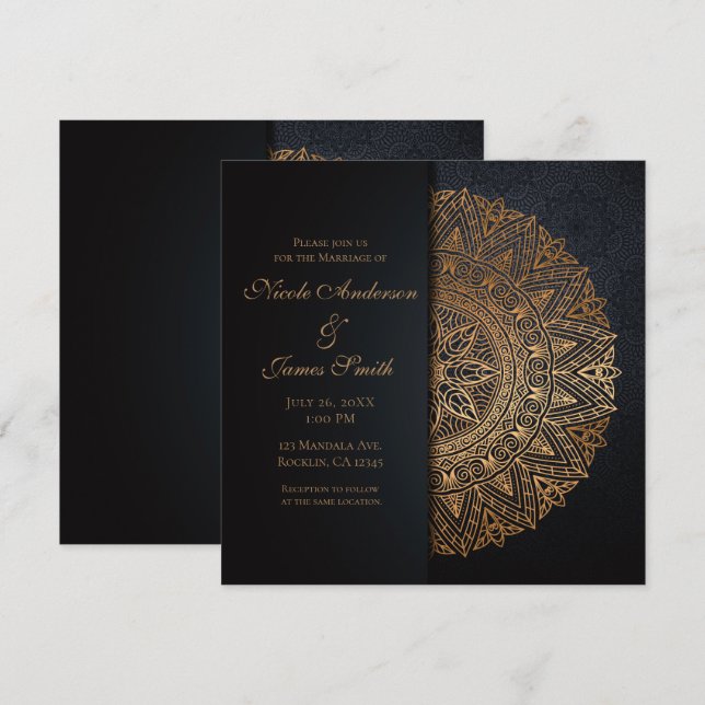 Invitación Mandala negro y dorado elegante boda matrimonio (Anverso / Reverso)
