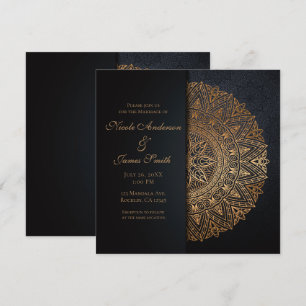 Invitación Mandala negro y dorado elegante boda matrimonio