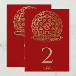 Invitación Mandala roja y dorada número de tabla india
