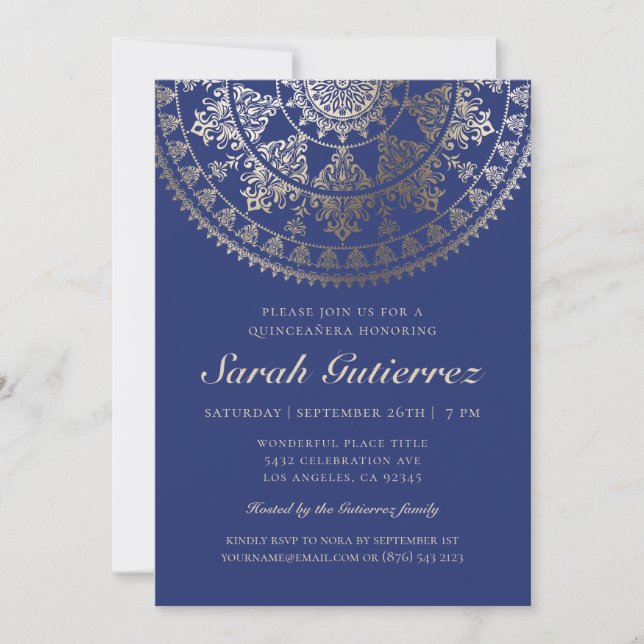 Invitación Mandala solar del Relieve metalizado dorado de las (Anverso)
