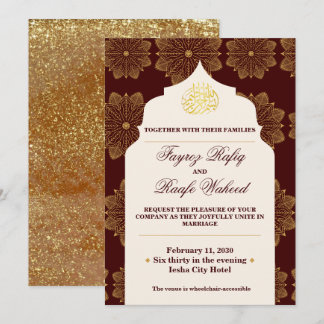 Invitación Mandalas de oro antiguo Rojo Borgoña Boda Islámica