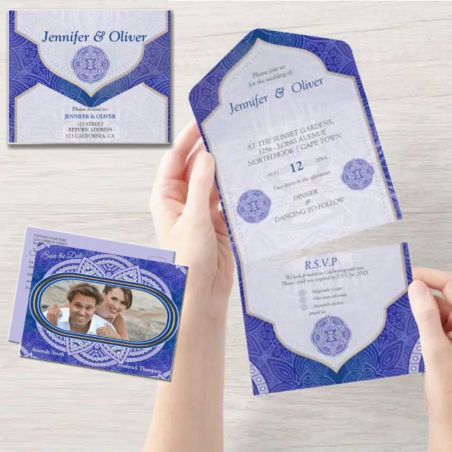 Invitación Mandalas en mezcla azul y fondo naval (Mandalas in mixed Dutch blue repeat patterns )