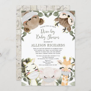 Invitación Manejar con bebés ducha lindos animales con máscar