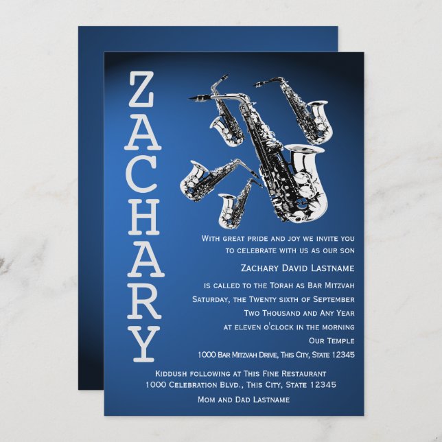 Invitación Manía saxofónica Música Bar Azul Mitzvah