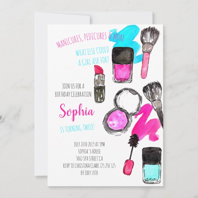 Invitación Manicura Mani Padi maquillaje cumpleaños Chica (Anverso)