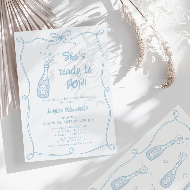 Invitación Mano Azul Brillante Preparada Para Llenar Baby Sho (Whimsical She's Ready To Pop Baby Shower Invitation for Boy Bow Frame Popping Champagne Bottle )