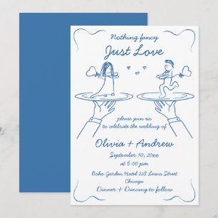 Invitación Mano azul caprichosa dibujada Boda manuscrito