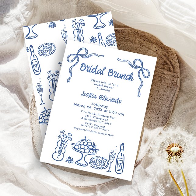 Invitación Mano azul caprichosa ducha Brunch de novia (Whimsical Blue Hand Drawn Bridal Brunch Bridal Shower Invitation, Doodle, Line Drawing
Food Drink )