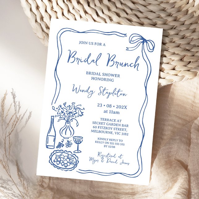 Invitación Mano azul caprichoso de la ducha de novia Brunch (Whimsical Blue Hand Drawn Bridal Shower Invitation, Doodle, Bridal Brunch Bridal Shower Invite Food)