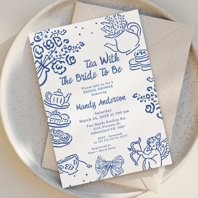Invitación Mano azul caprichoso de té de cherub con ducha de  (Hand Drawn Tea Bridal Shower Invitation, Bridal Shower Tea Invitations, Hand Drawn Bridal Tea Invite)