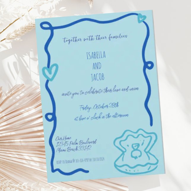 Invitación Mano azul caprichoso dibujado Boda ondulante (Subido por el creador)