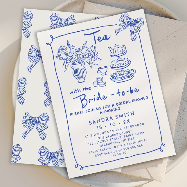 Invitación Mano azul caprichoso Fiesta de té ducha de novia (Hand Drawn Bridal Tea Invitation, Tea with the Bride to Be Invitation, Whimsical Tea Bridal Shower )
