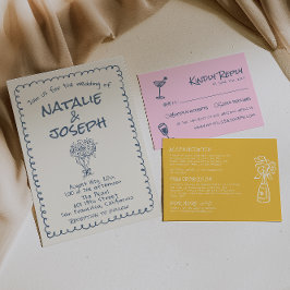 Invitación Mano azul de la Marina Retro dibujada Boda engaños