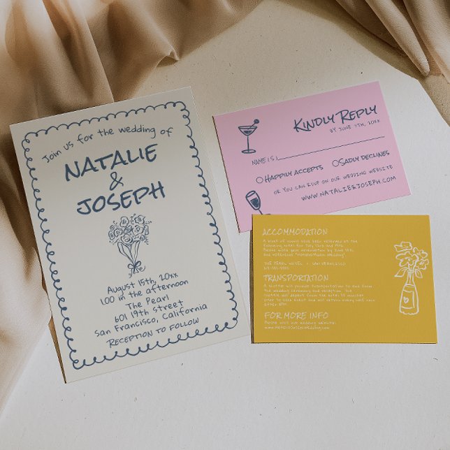 Invitación Mano azul de la Marina Retro dibujada Boda engaños (Subido por el creador)