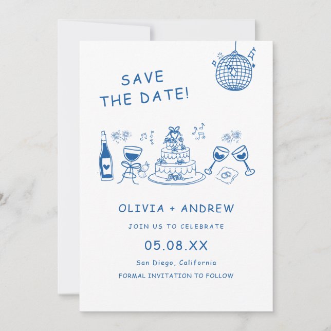 Invitación Mano Azul Dibujada Boda Temprana Salvar La Fecha (Anverso)