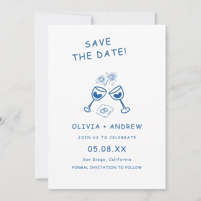 Invitación Mano Azul Dibujada Boda Temprana Salvar La Fecha (Anverso)