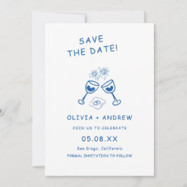 Invitación Mano Azul Dibujada Boda Temprana Salvar La Fecha