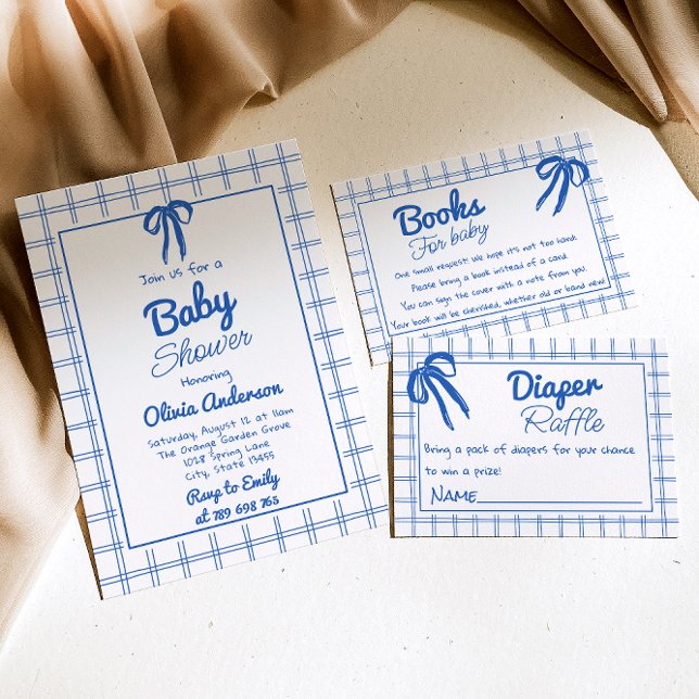 Invitación Mano azul dibujada Bow Gingham Boy Baby Shower (Subido por el creador)