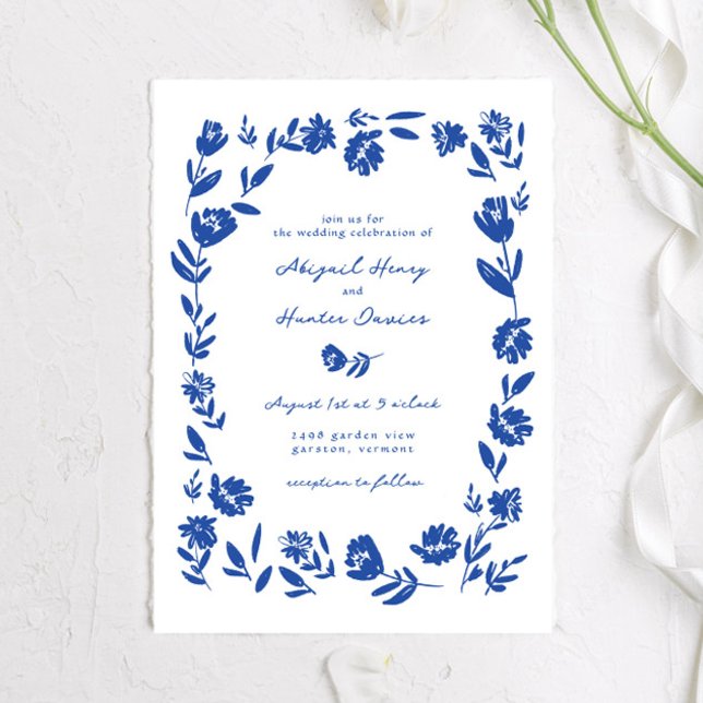 Invitación Mano azul dibujado Boda de borde de flor caprichos (Subido por el creador)