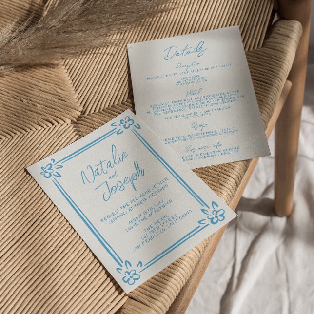 Invitación Mano Azul Mediterráneo dibujada todo en un Boda (Subido por el creador)