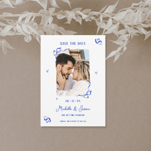 Invitación Mano azul singulares dibujando una foto en reverso